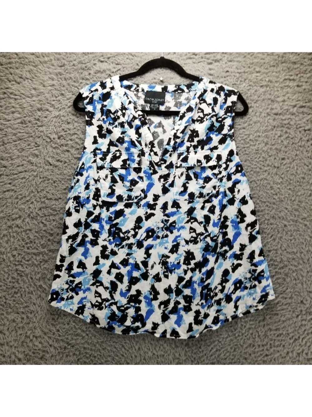 Cynthia Rowley Top Womens 1X Blue Print Linen Blend V Neck Sleeveless Blouse